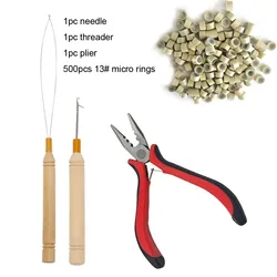 Hair Extensions Beads Tools Kit Extensions Micro Pulling Needle, Loop Threader and 500 Pieces Silicone Lined Micro Rings