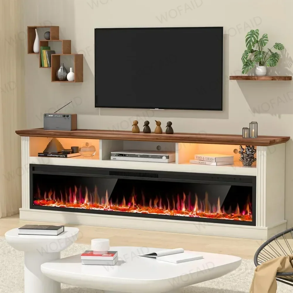 Electric Fireplace TV Cabinet with LED Lights for Living Room Elegant Entertainment Center Stand with Heatless Electric Flame