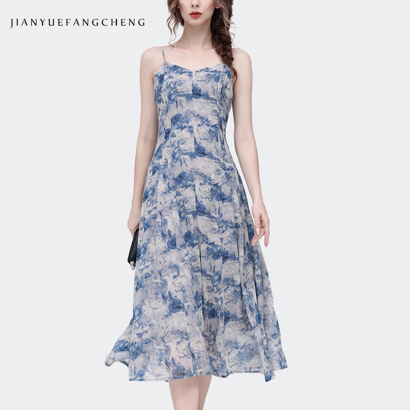 

Summer Light Blue Floral Printed Chiffon Long Dress High Waist A-line Flowing Sleeveless Backless Bodycon Slip Dresses Formal