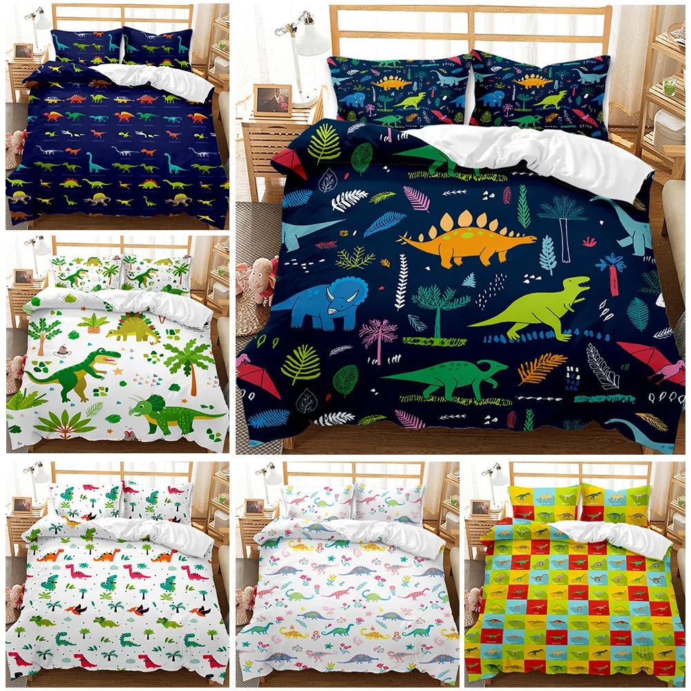 Cartoon Dinosaur Kids Queen/King Size Duvet Cover Set For Boys Girls ,3 Pieces Premium Soft Dino Forest Print Teen Bedding Sets