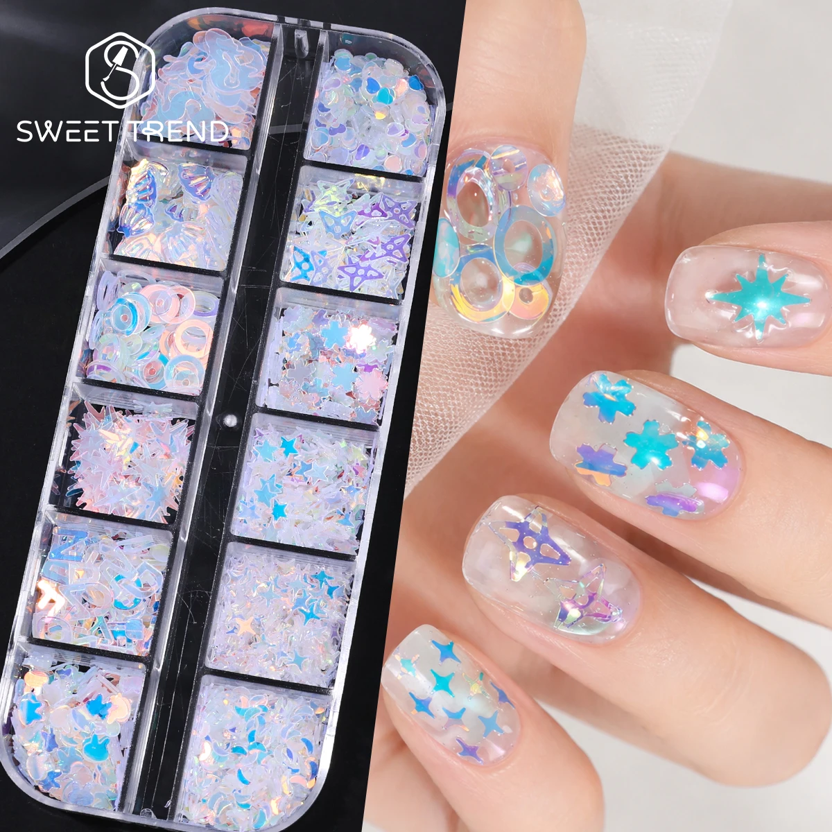 12 Grids Mermaid AB Color Nail Sequins Hollow Bubble Star Shell English Letter Shape Decor Glitter Iridescent Manicure Spangles