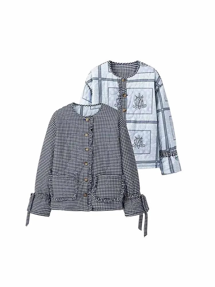 2024 autumn new European and American style regular style simple loose round neck printed short cotton jacket coat