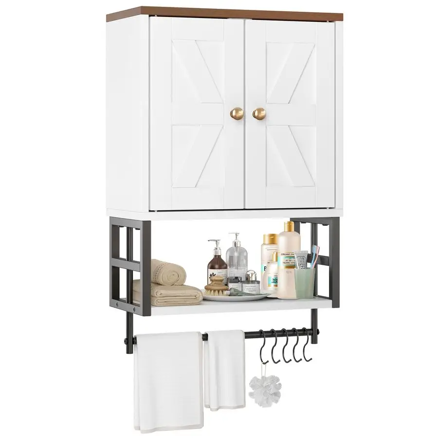 Medicine Cabinet 3Tier Wall Mounted Storage Organizer with Adjustable Shelves, Towel Bar, 5 Hooksfor Small Bathroom, Laundry Roo