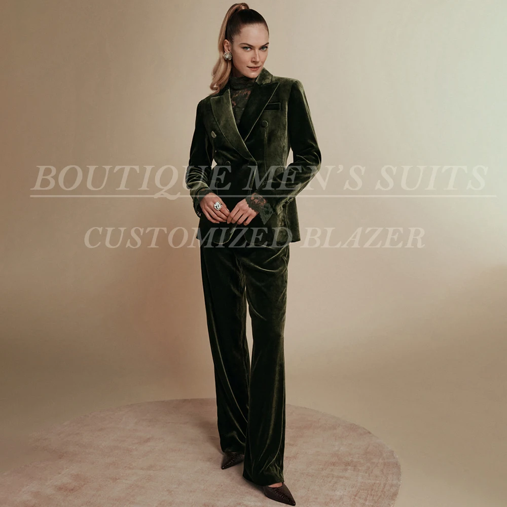 

Leisure Velvet Women's Pants Suits Formal Office Lady Double Breasted Peak Lapel 2 Piece Jacket Pants Female Clothing Full Sets