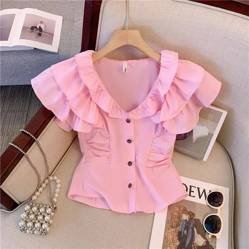 

2025 Summer New Korean Style Temperament Solid Color Versatile Short-sleeved Ruffled Edge Shirt Waist Women's Chic Ins Top