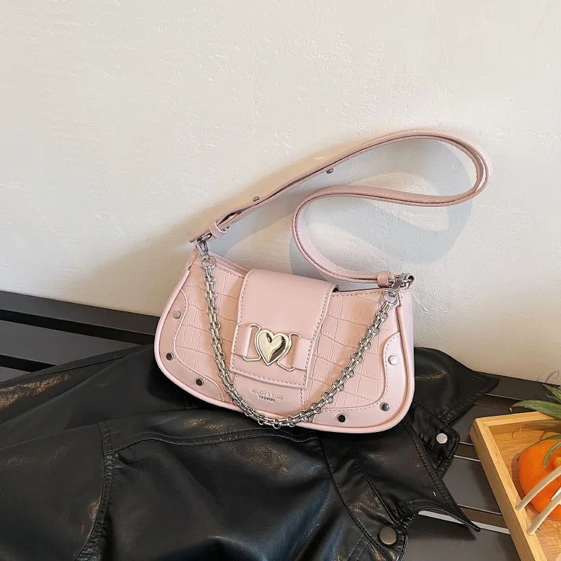 French Niche Chain Underarm Bag Women\'s Bag 2024 New Stone Pattern Small Square Fashionable Shoulder Baguette Bag