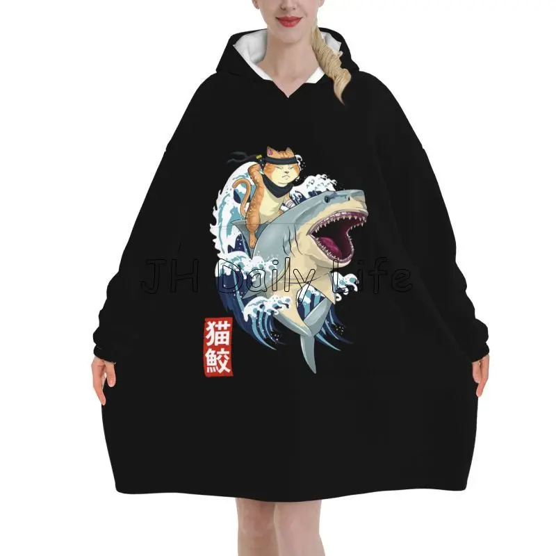 Retro Ninja Japanese Cat Shark Kanagawa Blanket Hoodie Women Wearable Oversized Pullover Soft Warm Fleece Blankets with Pockets