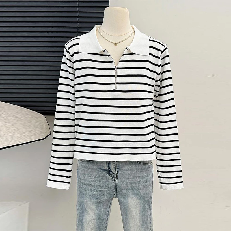 Autumn Winter Fashion Striped Zippered Lapel Long Sleeve Loose Knitted Sweater For Women