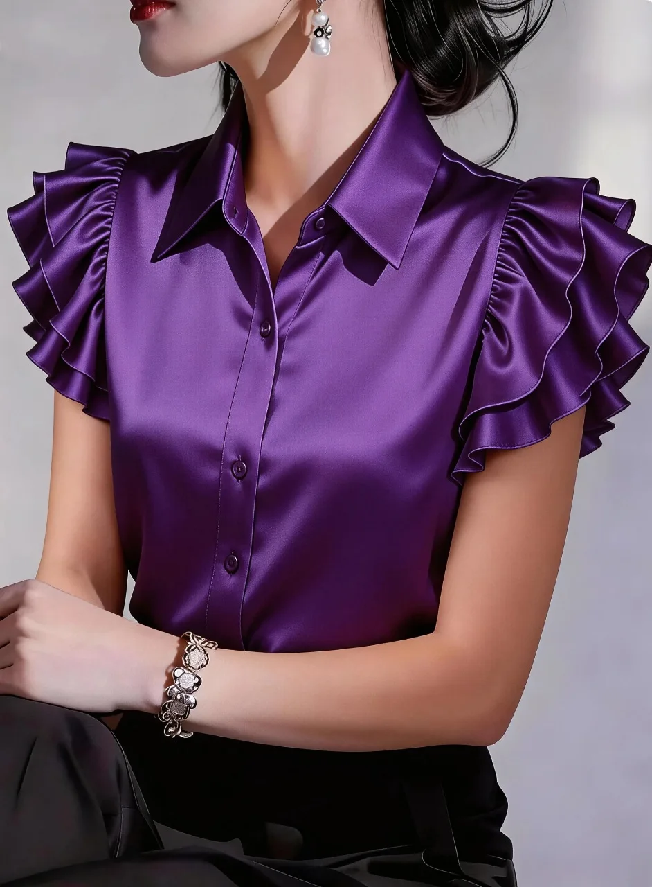 

Casual Ruffle Short Sleeve Blouse 2026 Spring Summer Turn-down collar Silk Satin Shirt Tops for Woman Clothing New Office Lady