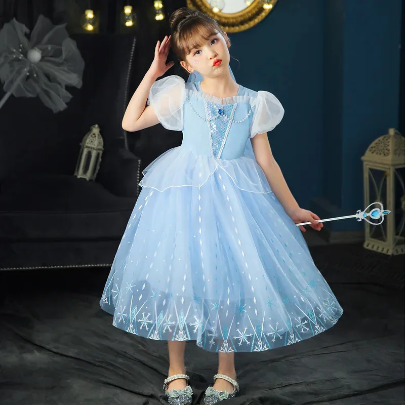 

Elsa Dress Princess Snow Queen Costume for Girls Cosplay Blue Pearl Sequins Clothing Halloween Kids Carnival Party Ball Gown