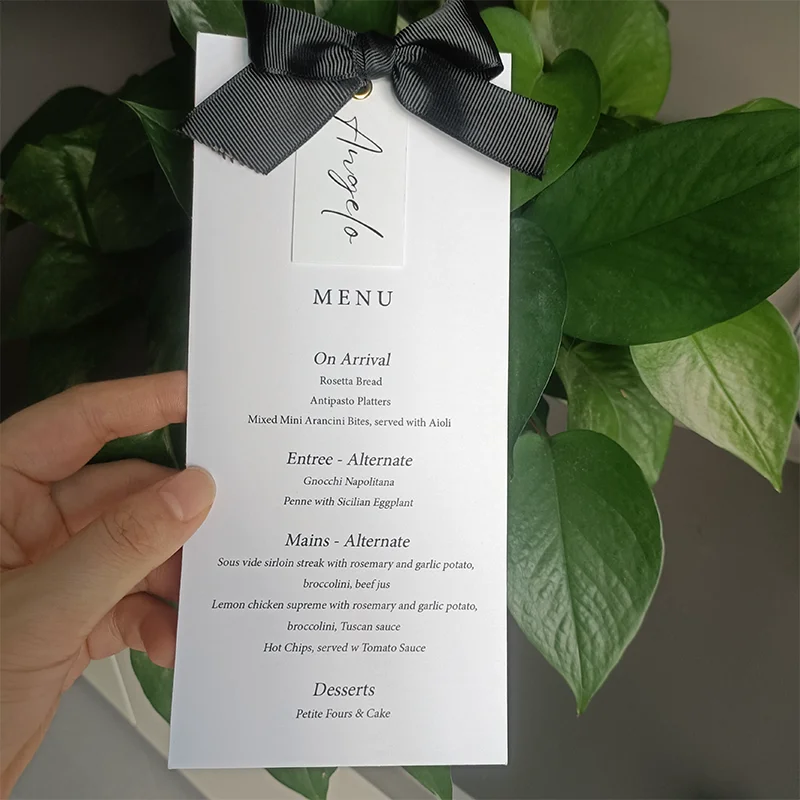 custom Wedding menu birthday Party Plate Card Process black bowknot Card with didferent names tag 50 unit