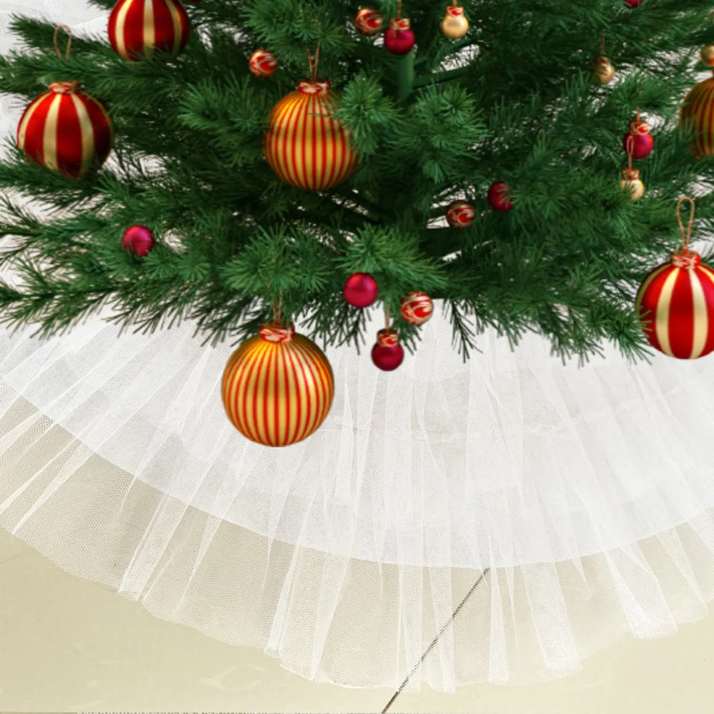 

Xmas Tree Mat Christmas Tree Skirt Christmas Party Tulle Fabric White Snow Design Slit Opening Hides Tree Base