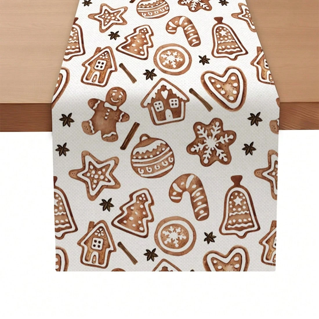JIT Festive Christmas Gingerbread Table Runner With Cinnamon Star Print Perfect For Xmas Dinner Table Setting Cozy Decorative