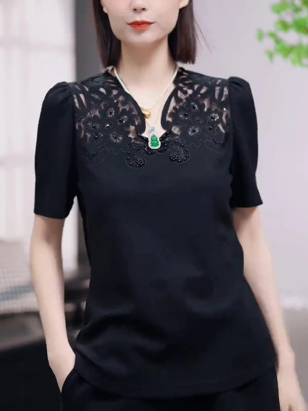 

Gtuq Heavyweight Lace Base irt Bla ort Sve T-irt Design Sensation Summer Korean Sle Slim Fit Women's Top