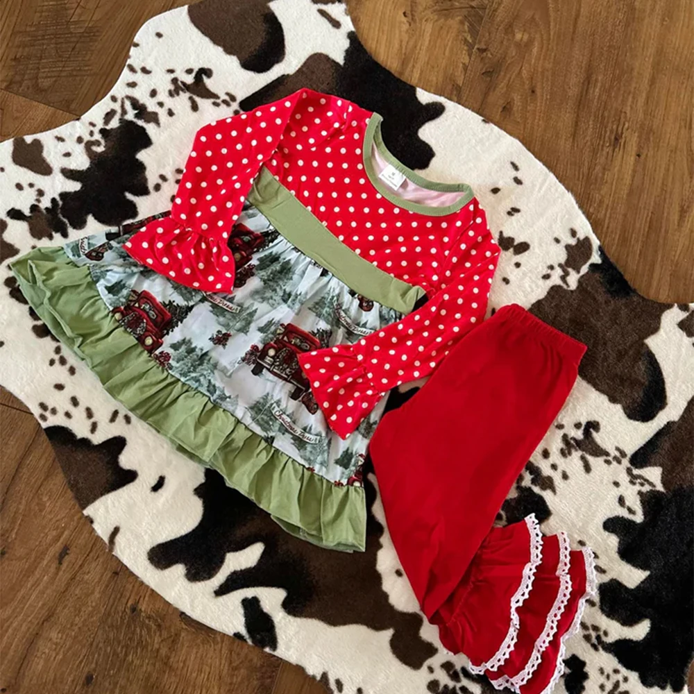 

Girls Christmas Tractor Tree Tunic Ruffle Pants Set Children's Clothing Truck Theme Outfit for Kids