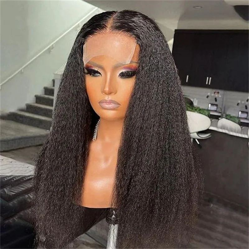 Soft 26Inch Long Black Yaki Kinky Straight Natural Hairline 180Density Lace Front Wig For Women Glueless Baby Hair Preplucked