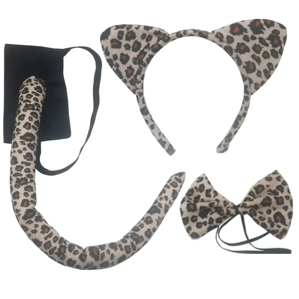 Cat Ears Leopard Cheetah Costume Halloween Cosplay Accessories Set Bowtie Tail Kit