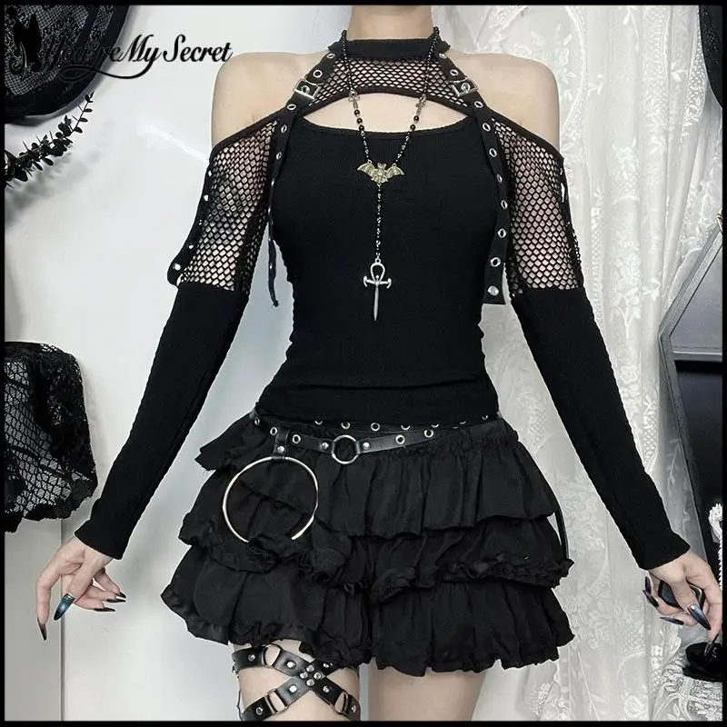 [You're My Secret] Punk Style Belt with Metal Buckle T-shirt Sexy Off-Shoulder Long Sleeve Fishnet Top Women Halloween Outfit