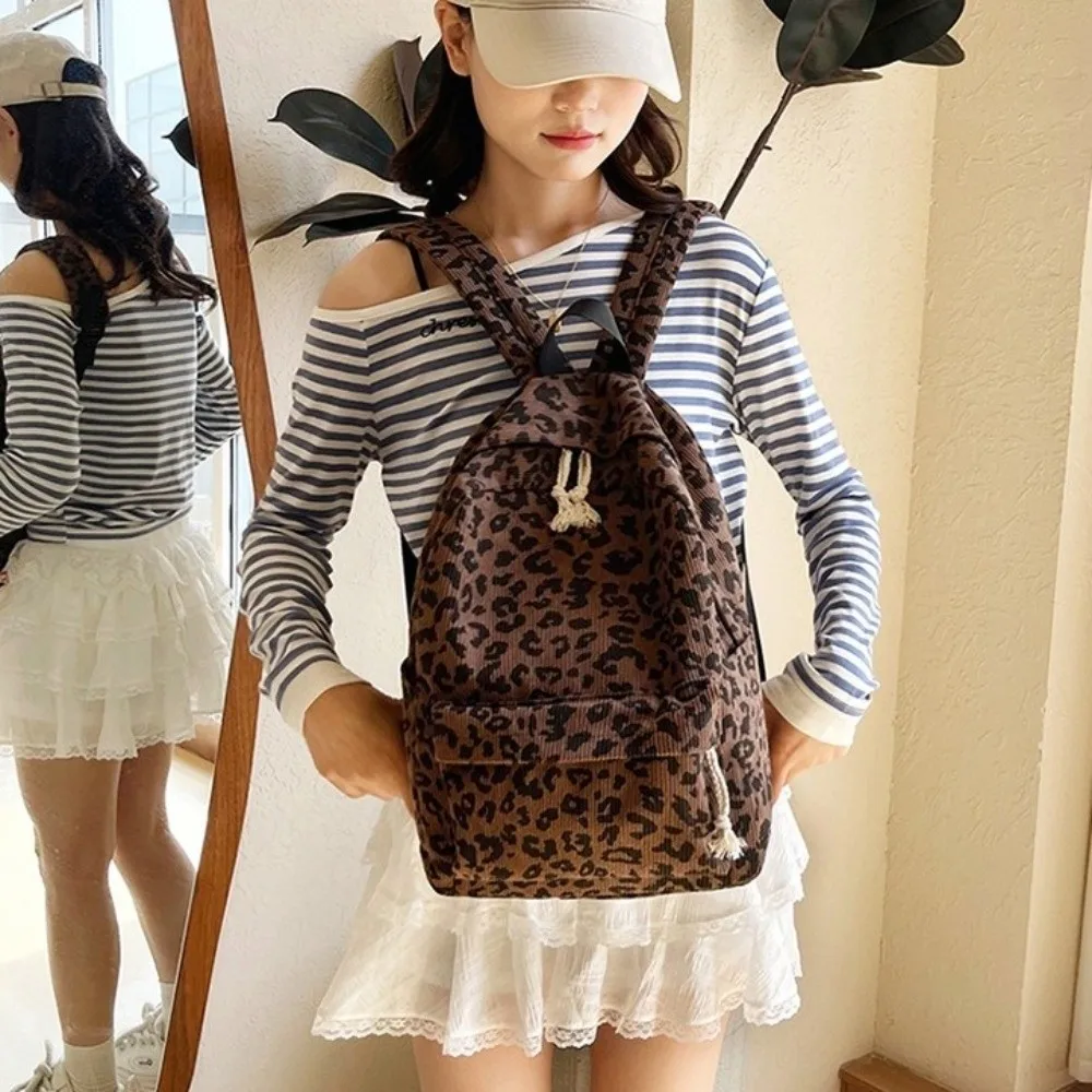 Corduroy Leopard Print Backpack Lightweight Harajuku Students School Bag Large Capacity College Style Students Daypack Daily