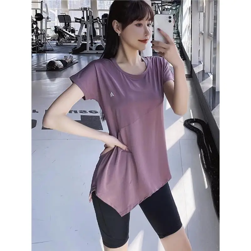 

Женская летняя спортивная футболка средней длины для бега и йоги, прикрывающая ягодицы, новинка