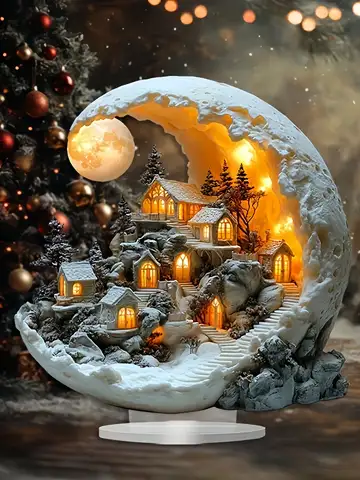 Casa de Luna navideña, adornos 2D para el hogar, casa de Luna bohemia, soporte de exhibición acrílico, regalo de Navidad para niños, Año Nuevo 2026, 1 ud.