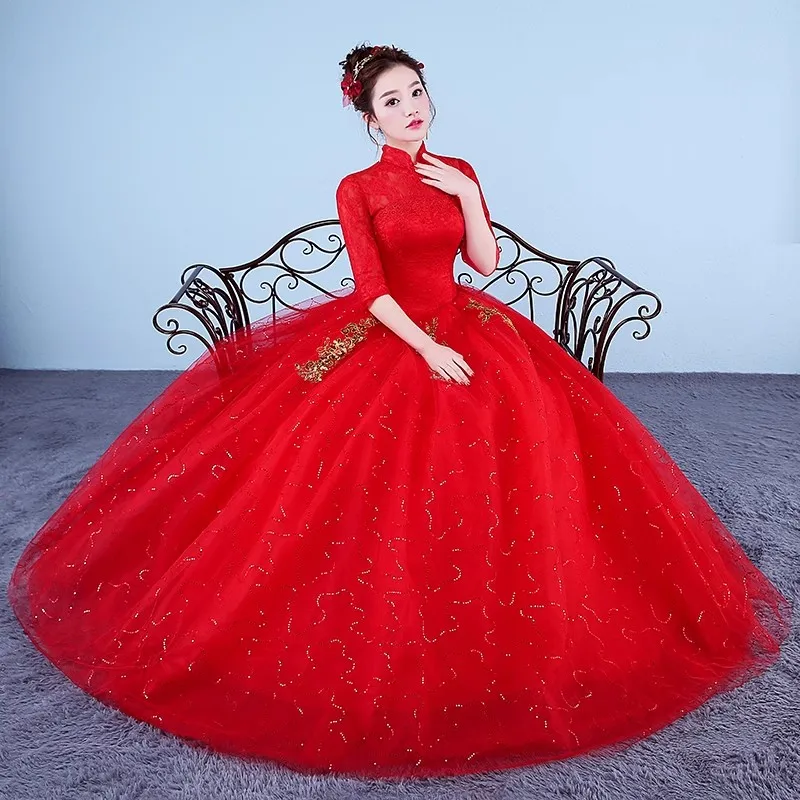 

It's Yiiya Red Wedding Dress Lace High Collar Half Sleeves Sequins Bling Tulle Princess Floor-length Plus size Bride Ball Gowns