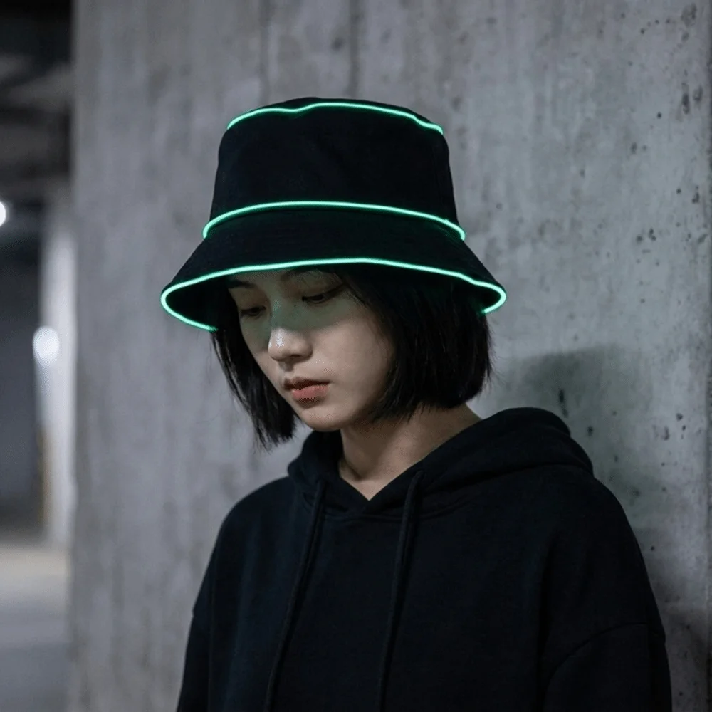 Cool Battery Powered LED Bucket Hat Flashing Modes Solid Color Luminous Hat Korean Style Grow in Dark Flashing Glow Hat Men