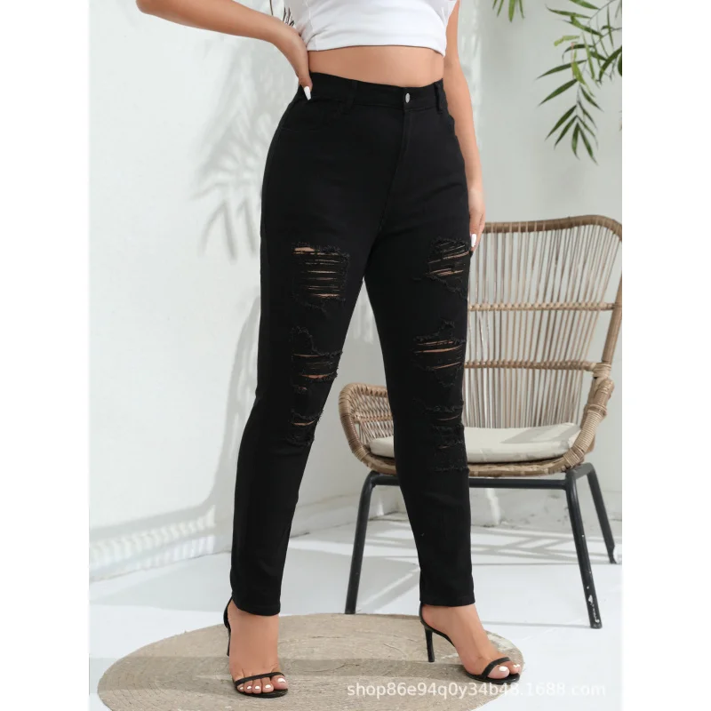 Cross-Border European and American Black Ripped Denim Skinny Pants Stretch Pencil PantsTEMUAmazonSHEINSpot Foreign Trade