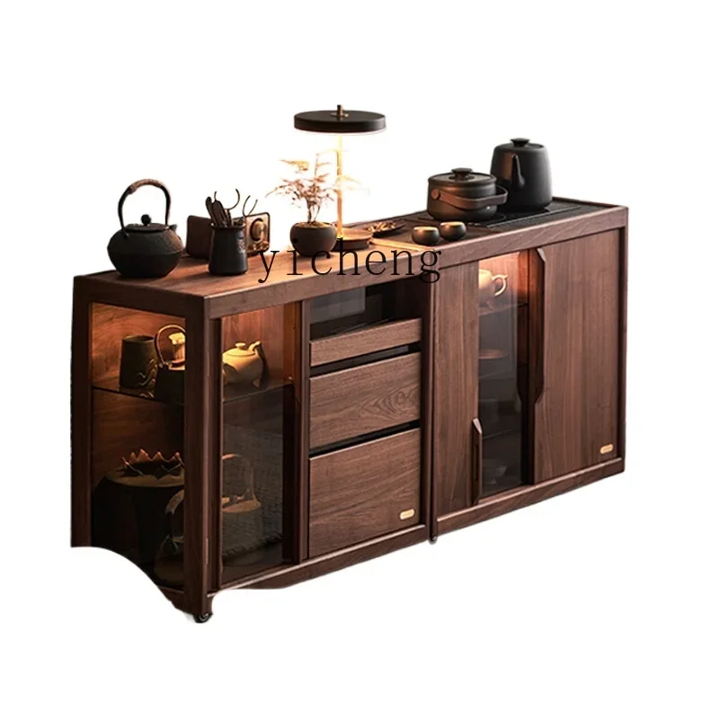 

ZC New Chinese Tea Cabinet Solid Wood Movable Sofa Side Cabinet Living Room Black Walnut Display Cabinet