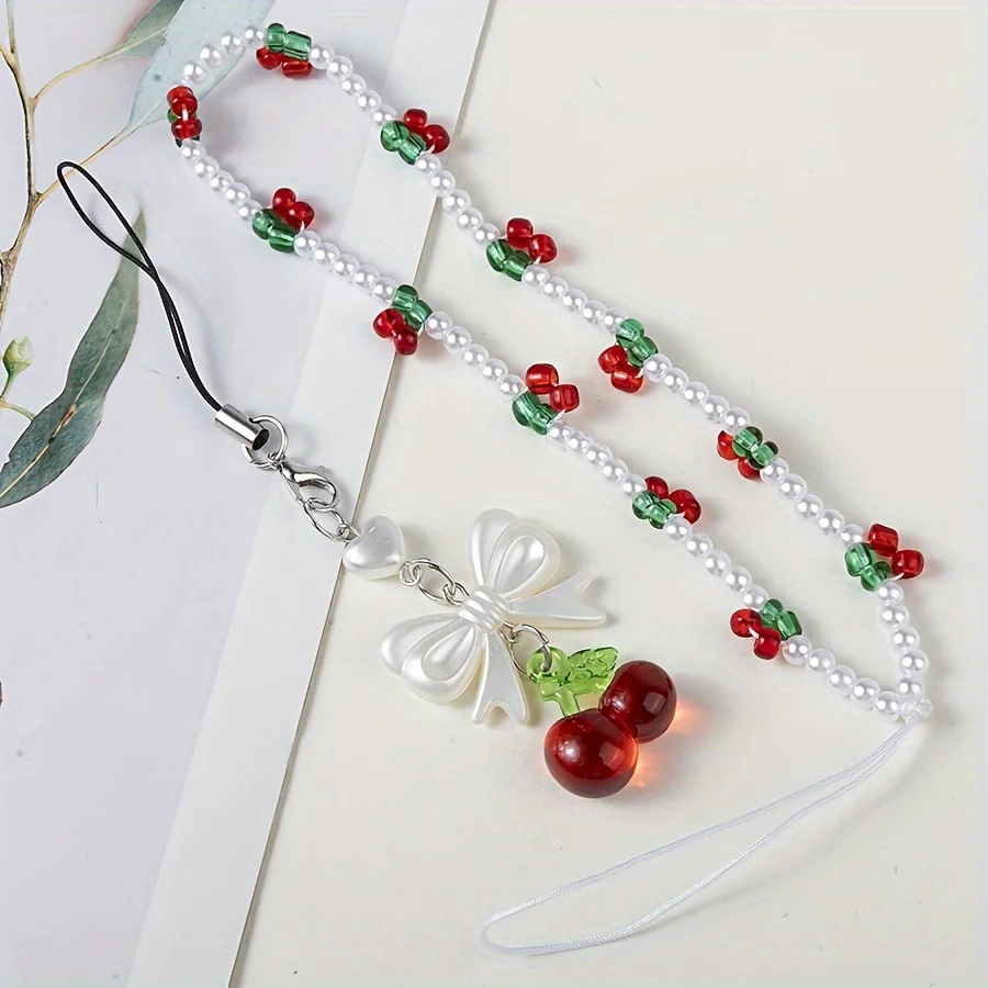 2pcs Korean Sweet Resin Cherry Beaded Phone Lanyard, Bow Decorated Phone Chain Keychain Phone