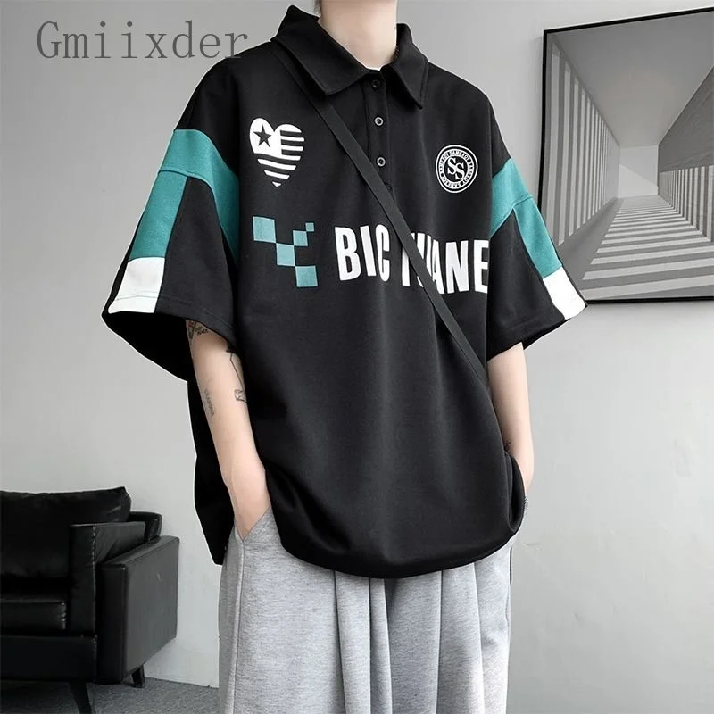 

American Retro Men Lapel Shirt 2023 Summer Trend Turn Down Collar Sweatshirt Unisex Designer Latter Pantchwork Pullover