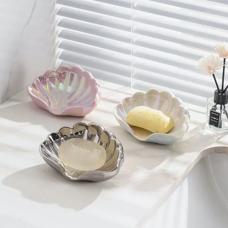 Ceramic Shell Soap Dish Bathroom Soap Dish Household Washbasin Soap Holder No Punching Required Bathroom Accessories