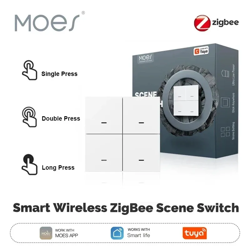 

MOES ZigBee Tuya 4 Gang Wireless 12 Scene Switch Push Button Remote Controller Battery Powered for Smart Life App Automation