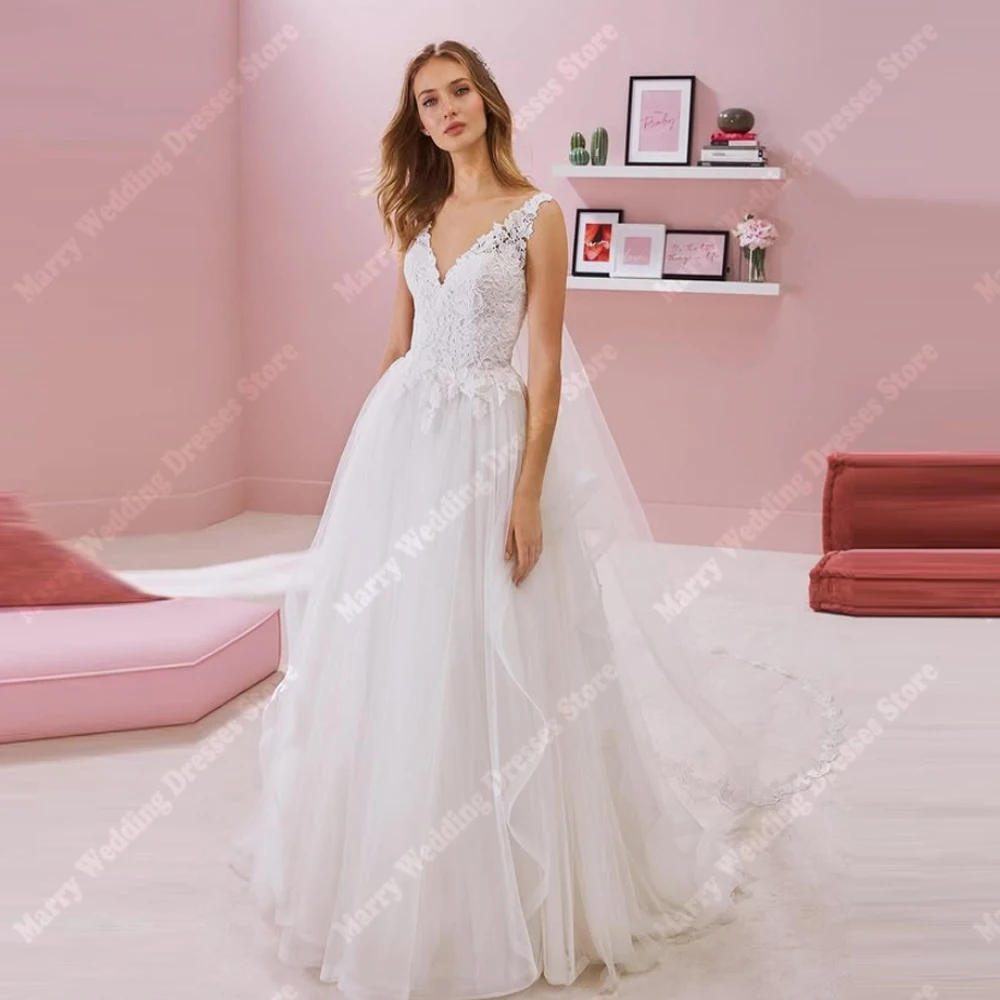 

Sexy V-Neck A-Line Women Wedding Dresses Fashion Lace Flower Printing Tulle Bridal Gowns Banquet Vestidos De Novias Customized