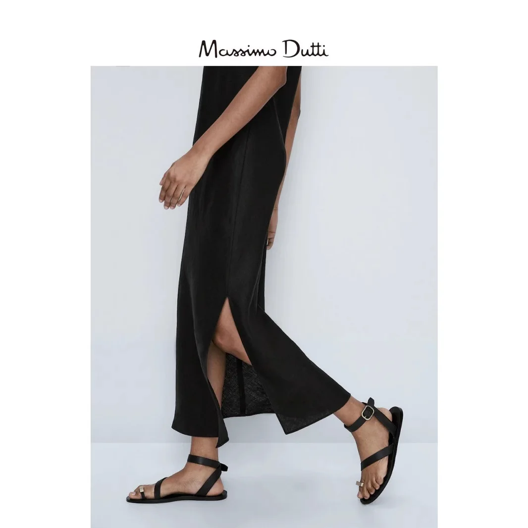 فستان MassimoDuti النسائي لربيع وصيف 2025 الجديد ذو الرسن النحيف المفتوح الطويل بدون أكمام فستان أسود صغير