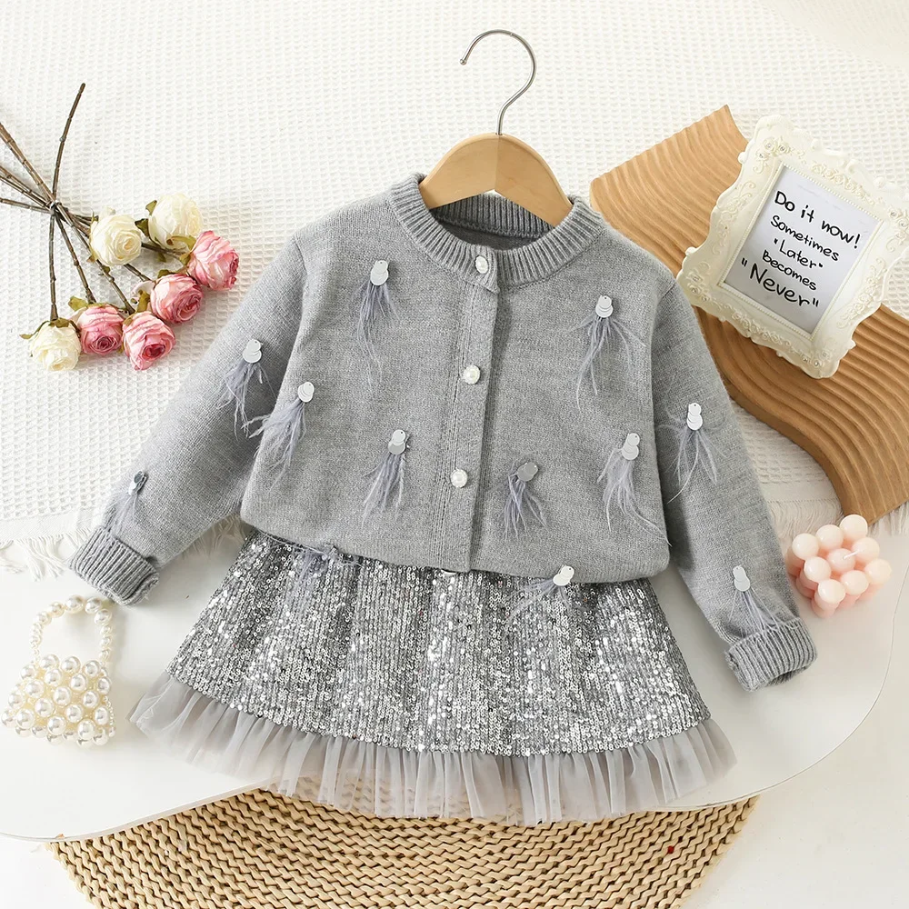 2-7 Y Girls Sweater Suits Feather Knit Cardigans Coat Trendy Sequins Skirts 2Pcs Children\'s New Years\' Clothes Kid\'s Outfit