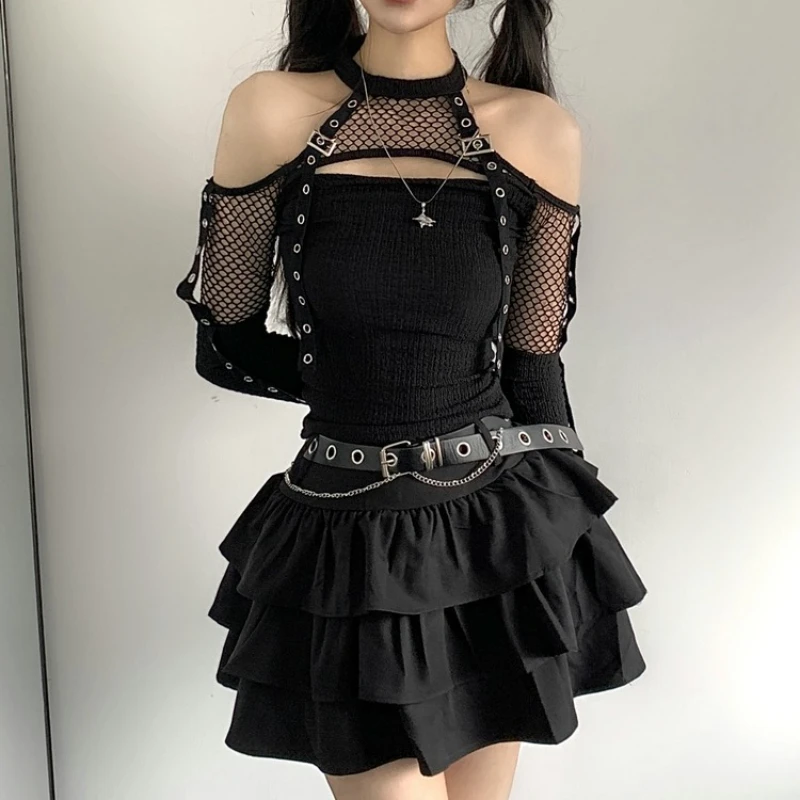 Nuovo gotico punk scuro grunge a rete set da 2 pezzi donna design patchwork Y2k top + gonne moda nero vintage streetwear autunno