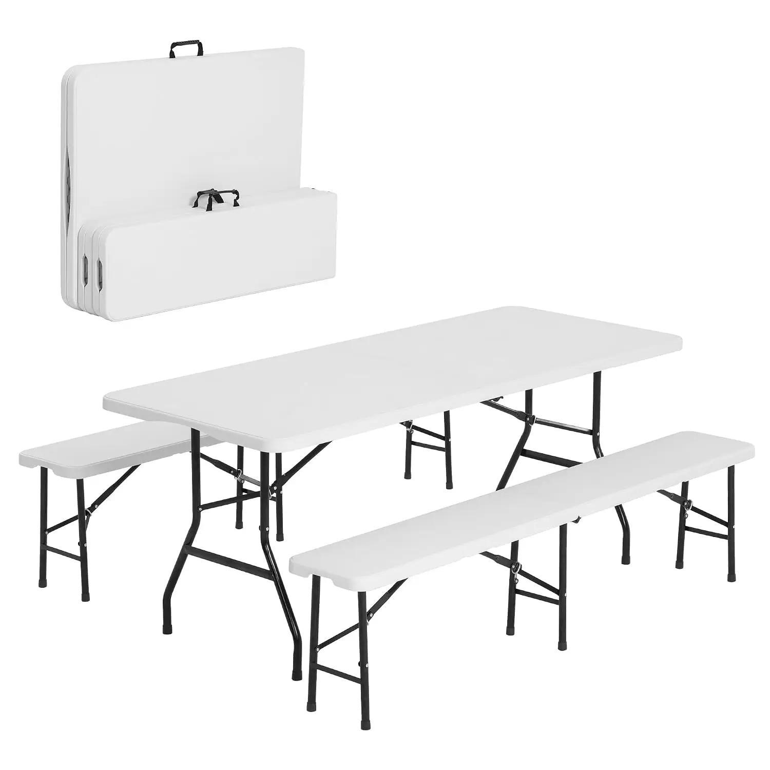 6 FT White Folding Picnic Table Set with 2 Benches, Portable Patio Dining for Backyard Lawn Event Party Camping, Customized