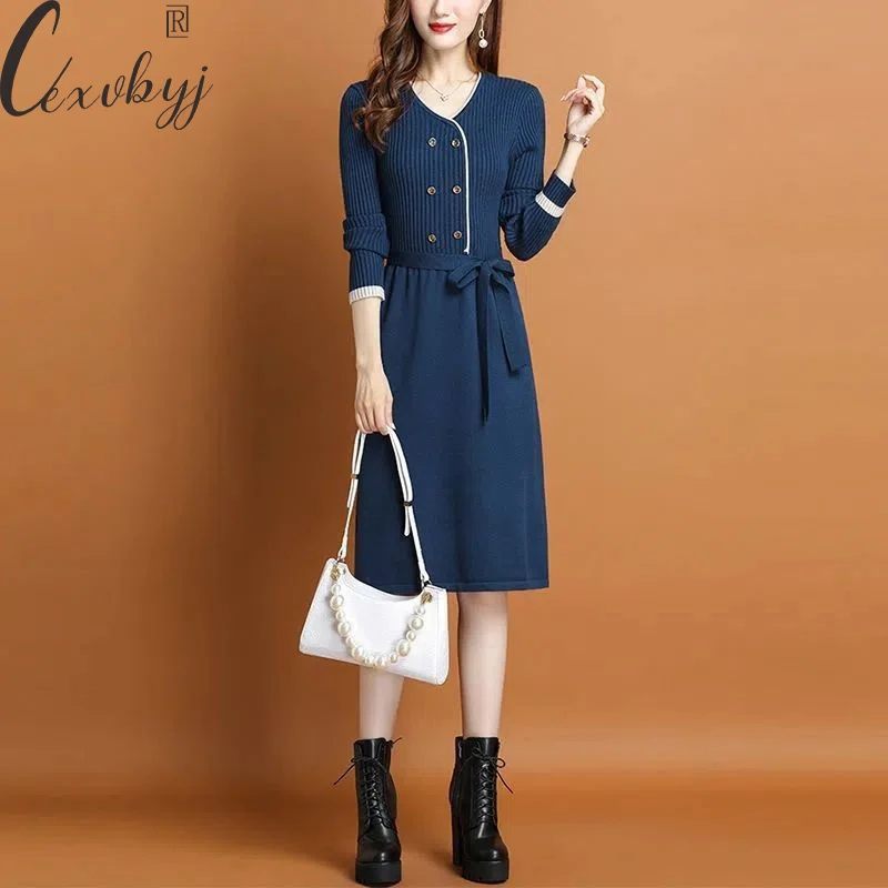 

Winter Knitted Elegant Dress Women Korean Fashion V-Neck Buttonn Casual Vestidos Office Lady Long Sleeve Lace Up Sweater Dress