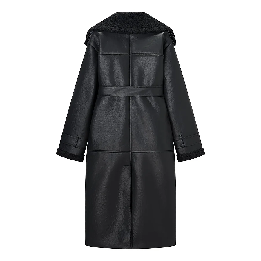 معطف نسائي طويل من جلد البولي يوريثان بحزام من الفرو للخريف جديد Sle متعدد الاستخدامات للتنقل من ألياف البوليستر بسحاب