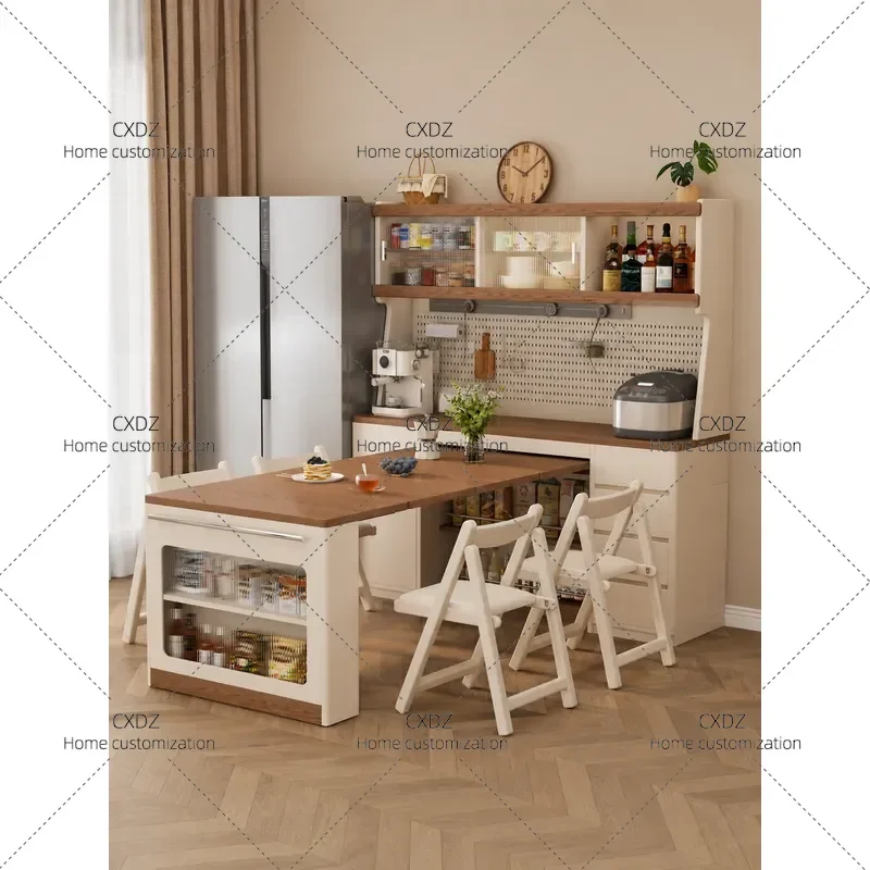 Wall Mounted Folding Dining Table with Side Cabinet Solid Wood Hidden Extendable Table Storage Unit Space Saving Furniture