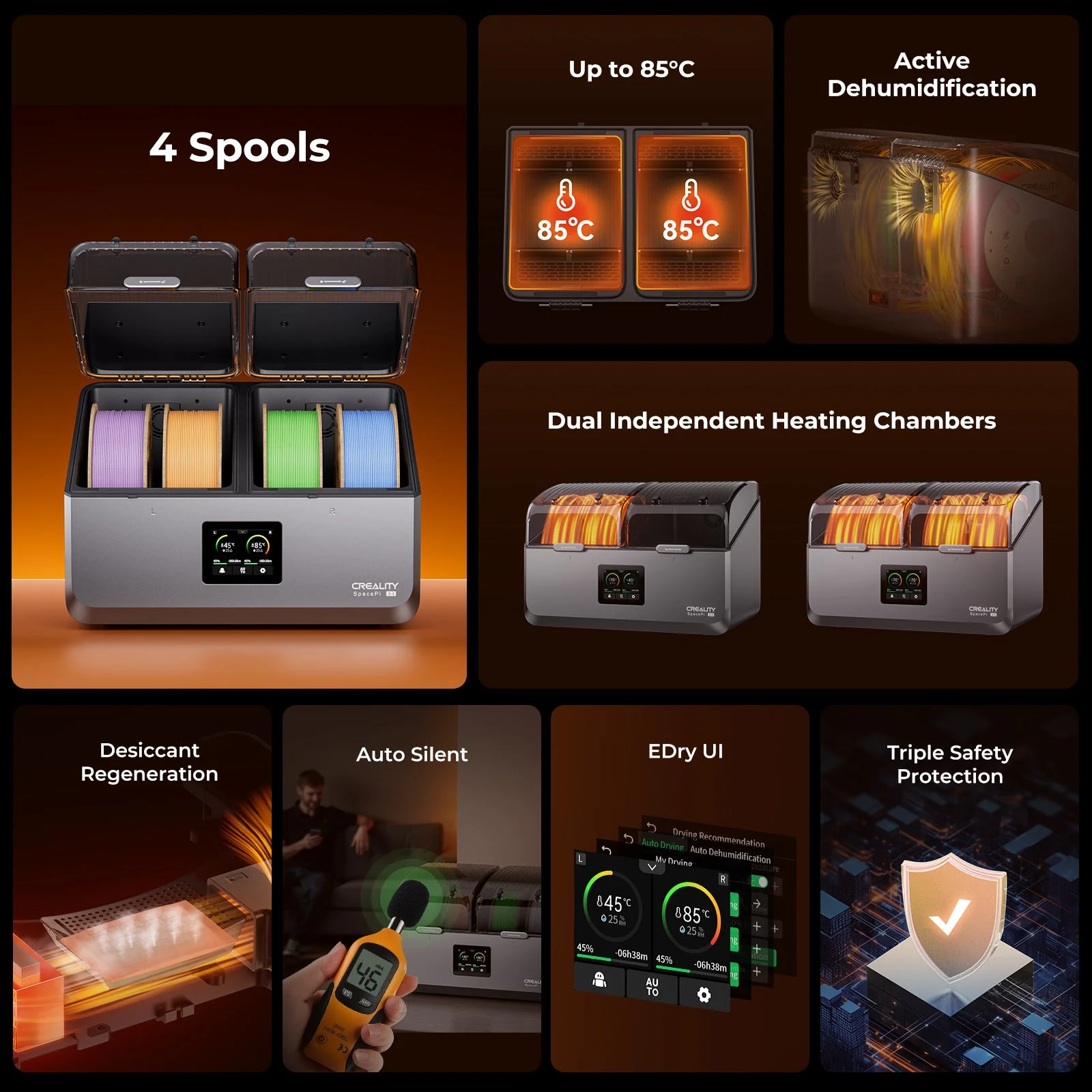 New SpacePi X4 Filament Dry Box-Dual Chambers 4 Spools 85C Auto Dehumidification Safety Protection 1 Year For 3D Printer