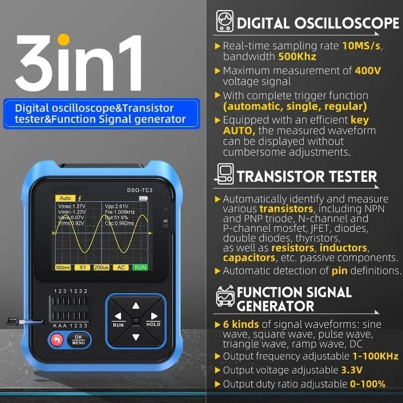 500KHz 10MS/s Transistor Tester Function Diode Signal Generator 3-in-1 Multi-function DSO-TC3 Digital Oscilloscope