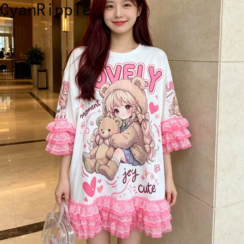 Cute Cartoon Printed Spring Summer Round Neck Pullover Top Mid-long Beading Elegant Pink Lace Splicing Princess Dress Casual Tee
