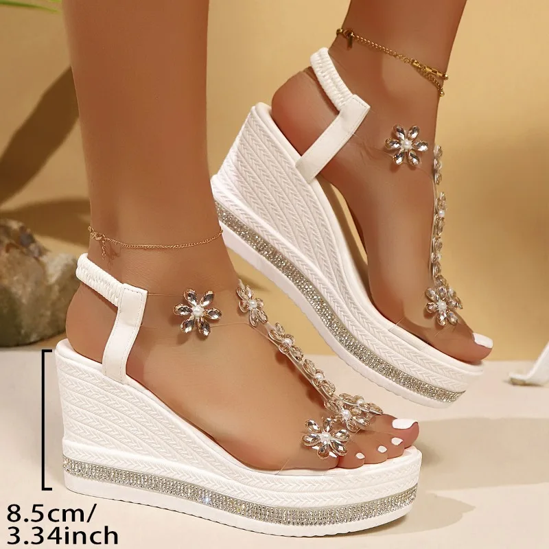 

Women's Sandals Rhinestones Flowers Sandals Fashion Slip on Wedges Sandals PVC Plus Size High Heels Crystal Platform Women Shoes