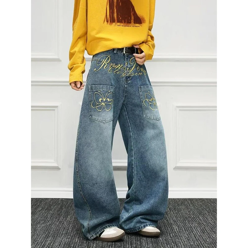 

Y2k женские синие мешковатые джинсы с вышивкой, эстетический стиль 2000-х годов, джинсовые брюки-бойфренды, винтажные джинсовые брюки большого размера в стиле Харадзюку, осень