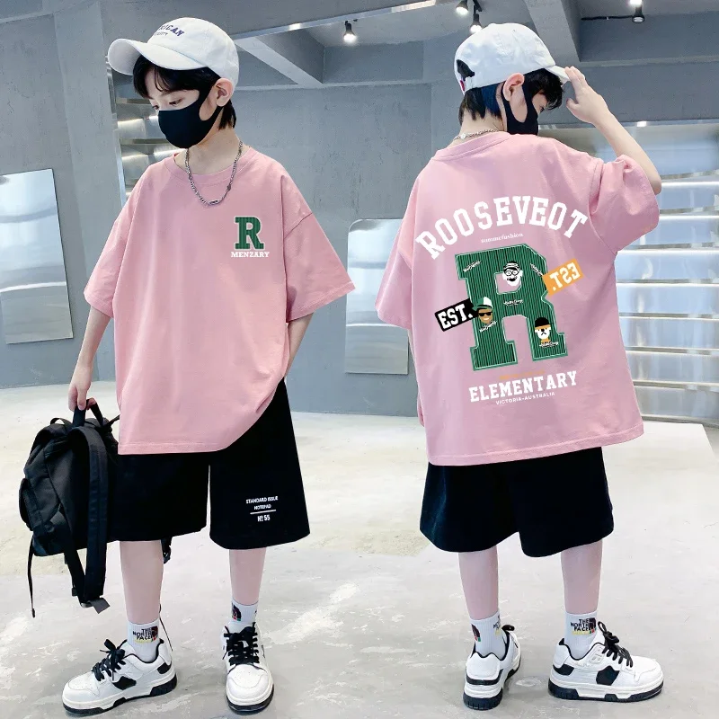Latest trendy children's 100% pure cotton T-shirt - American letter style R, loose and soft short sleeves