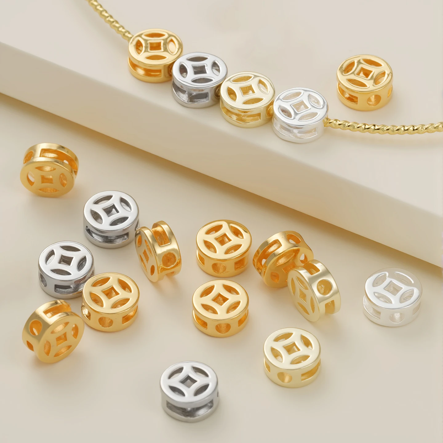 10Pcs 14/18K Gold Color Plated Hollow Copper Coin Charms for DIY Bracelet Necklace Headwear Handmade Jewelry Making Accessories