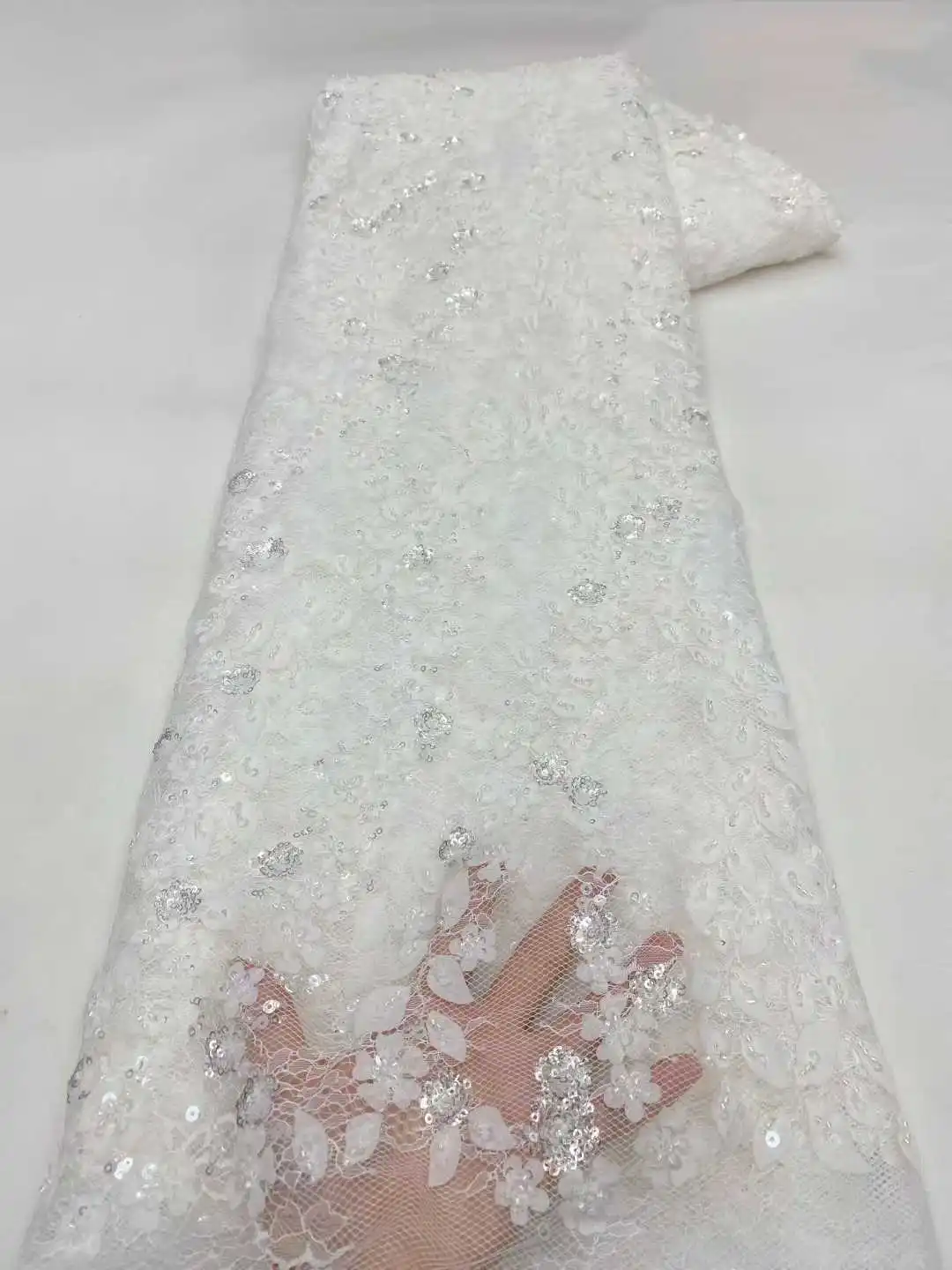 5Y 새로운 디자인 럭셔리 프랑스 아프리카 수제 작은 진주 튤 레이스 스팽글 메쉬 레이스 나이지리아 웨딩 드레스용 원단 CC1487