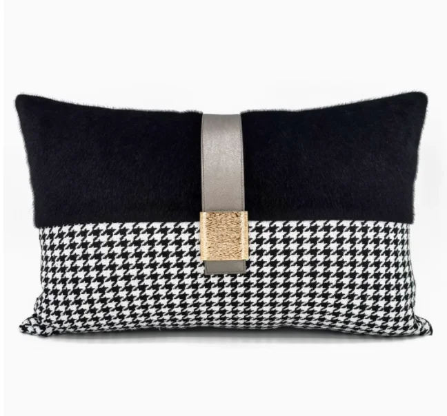 Black white houndstooth pattern cushion cover pillowcae gold buckle waist pillow cover backrest